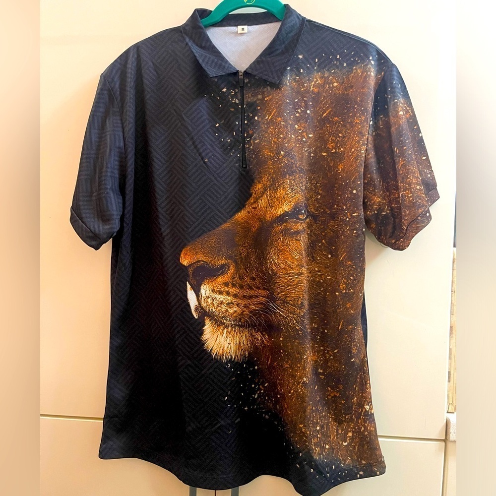 Men's Polo Shirt Sleeve Zipper Black Lion Sz M